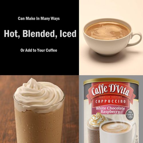 Caffe D'Vita White Chocolate Raspberry Cappuccino Mix - Instant Cappuccino Mix, Gluten Free, No Cholesterol, No Hydrogenated Oils, No Trans Fat, 99% Caffeine Free, White Chocolate Powder - 16 Oz Can, 6-Pack