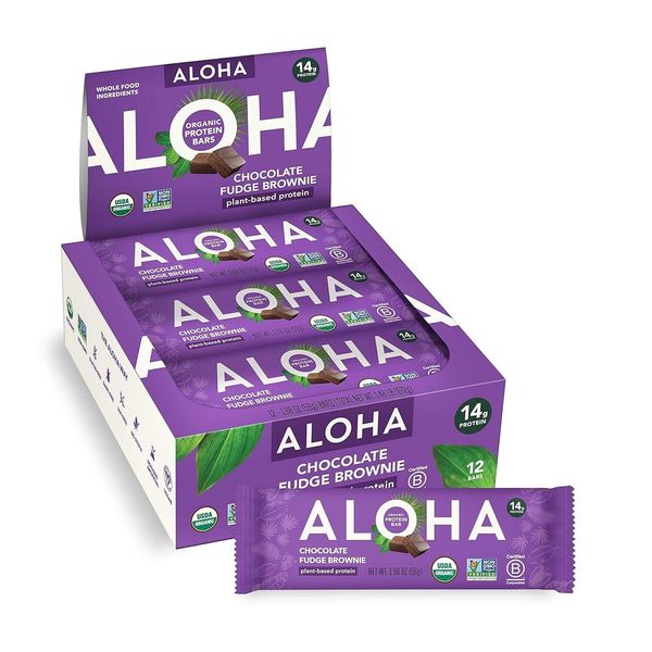 ALOHA Organic Plant Based Protein Bars | Chocolate Fudge Brownie | 12 Count, 1.9