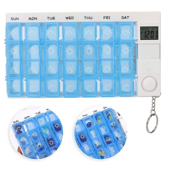 Electronic Pill Timer Reminder Dispenser 7 Day Pill Case, Electronic Pill Timer Reminder Automatic Medication Reminder Dispenser Pill Storage Box (Blue)