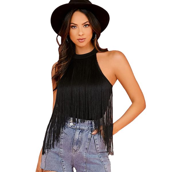 Verdusa Women's Fringe Trim Sleeveless Bodycon Halter Bodysuit Top Black M