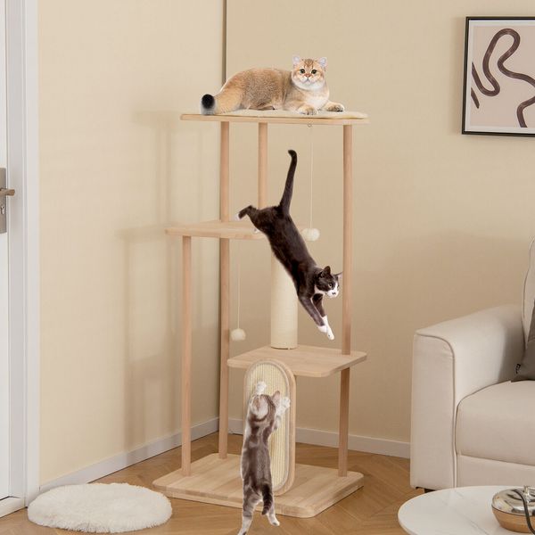 50" Tall Solid Wood Cat Tree w/ Oak Frame & Beech Post Scratching Board & Posts