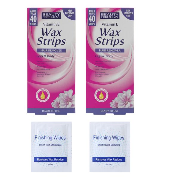 Waxing Strips Bundle - 2 x Beauty Formulas Wax Strips with Vitamin E, Shea Butter & Sweet Cherry Oil + 2 x Wax Residue Wipes - Effective Strip Wax for Legs, Body & Underarms.