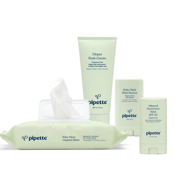 Pipette Baby Travel Essentials Set Bundle, Clean, 100% Mineral Water-Resistant Sunscreen SPF 50, Fragrance-Free Baby Balm Stick, Water-Based Baby Wipes, Fragrance-Free Diaper Rash Cream