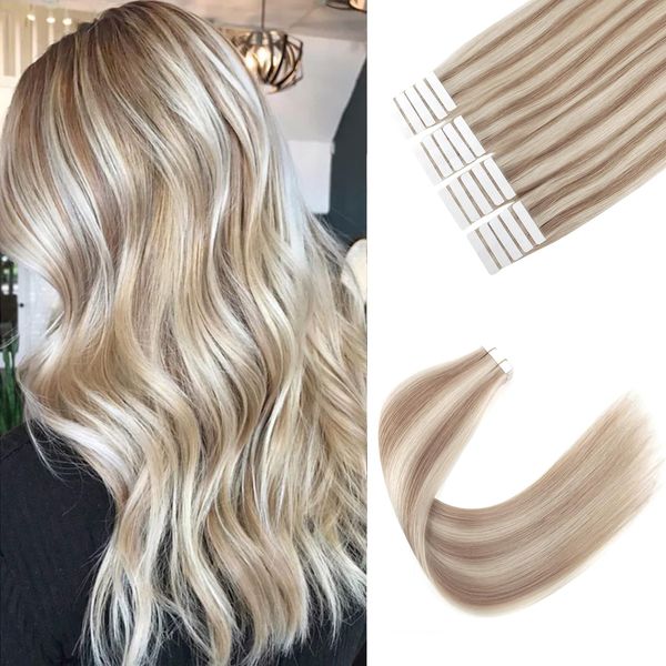 Sixstarhair Tape Extension Echthaar 20pcs 50g 50cm Invisible Tape In Haarverlangerung Echthaar Farbe Schwedischblond Und Aschblond #20/60 Dicke Remy Haar Extensions