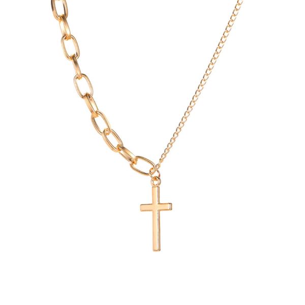 YienDoo Simple Cross Necklace Asymmetric Chain Cross Pendant Necklace Paperclip Chain Fashion Jewelry for Women and Girls (Gold)