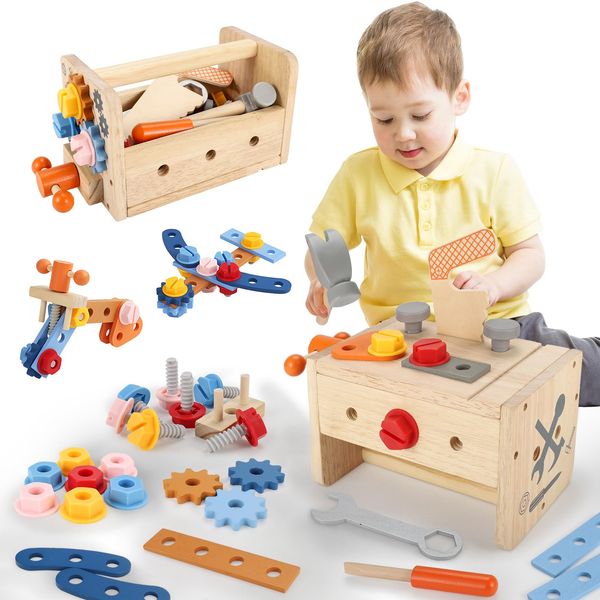 Vextronic Kids Tool Set, 38 PCS Wooden Montessori Toy Tools for Toddlers 1 2 3 4 5 6 with Tool Bench/Box, Play Toddler Tool Set, Educational STEM Construction Christmas Birthday Gift for Boys Girls