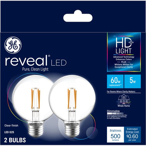 GE Reveal LED Light Bulbs, 60 Watt, G25 Globe Bulbs, Medium Base (2 Pack)