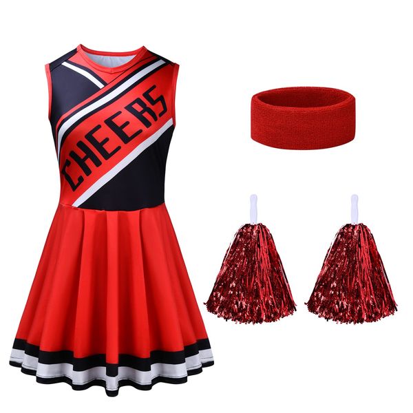 Aomig Cheerleader Costume Outfit, High School Cheerleading Dress with Cheerleader Pom Poms & Headband, Halloween Cheerleader Fancy Dress Costume for Women & Girls, Cheeleader Musical Uniform Cosplay