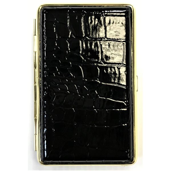 Eclipse Gold Frame Mixed Design Crushproof Leather Wrapped Metal Cigarette Case, Holds 14 100s Size Cigarettes, 3101G14-1 (Black)