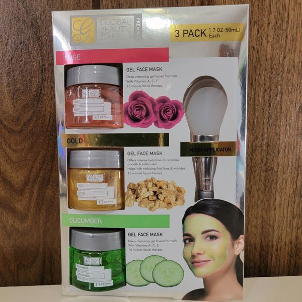 Global Beauty 3pk Gel Face Mask Rose Gold Cucumber Applicator