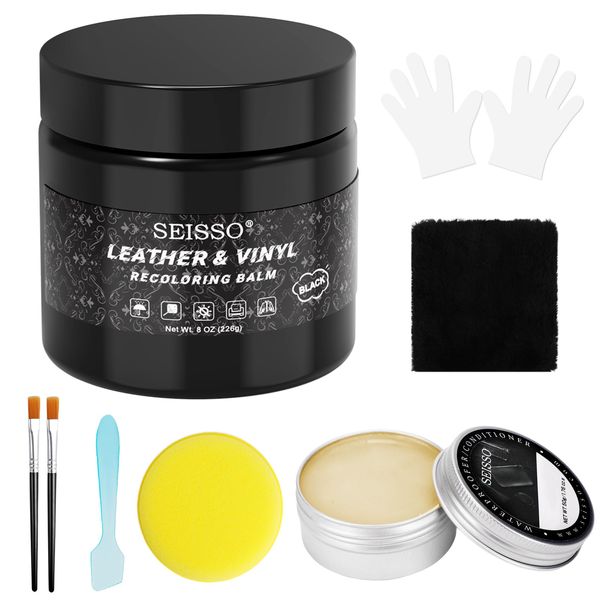 SEISSO Leather Conditioner Restorer & Polish, Black Leather Repair Kit with Leather Recoloring Balm and Polish for Scratch, Fading, General Wear, fits for Furniture, Couches, Car Seats (Black)