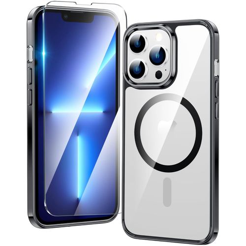 FNTCASE for iPhone 13 Pro Case: Magnetic Anti-Yellowing Slim Clear Phone Case | Military Grade Protective & Shockproof Drop Protection Thin Transparent Cover(Clear-Black)