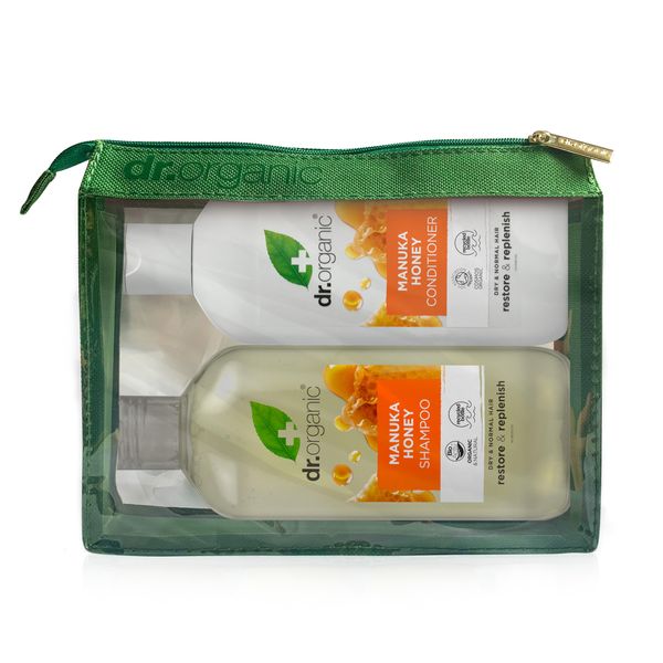 Dr Organic Manuka Honey Shampoo & Conditioner Set with Travel Bag, Restoring, Dry Hair, Natural, Vegetarian, Cruelty-Free, Paraben & SLS-Free, Recyclable & Recycled Ocean Bound Plastic, Organic, 265ml