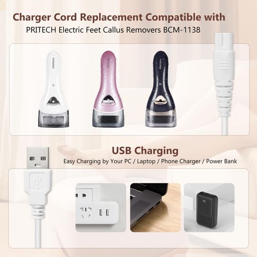 2 Pack Replacement Charger Cable for Electric Callus Remover for Feet, Compatible with Pritech Callus Remover BCM-1138 Electric Foot Callus Remover, Adapter USB Cable for Electric Feet Callus Remover