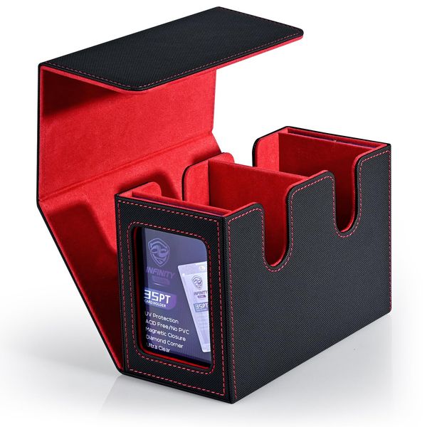 Infinity Guard Card Deck Box with 2 Commander Display, Double Deck Box for 280+ Single Sleeved Cards, Leather Magnetic Card Storage Box Fits for TCG CCG Magic Cards (Black&Red)