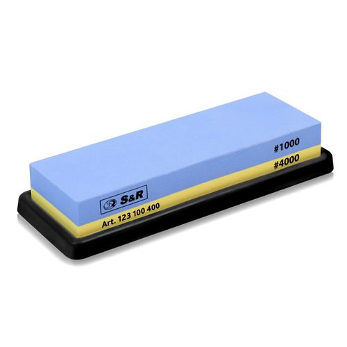 S&R 2-Sided Whetstone Sharpening Stone 18 x 6 x 3 cm with 1000/4000 Grit and Silicone Holder, 100% Corundum