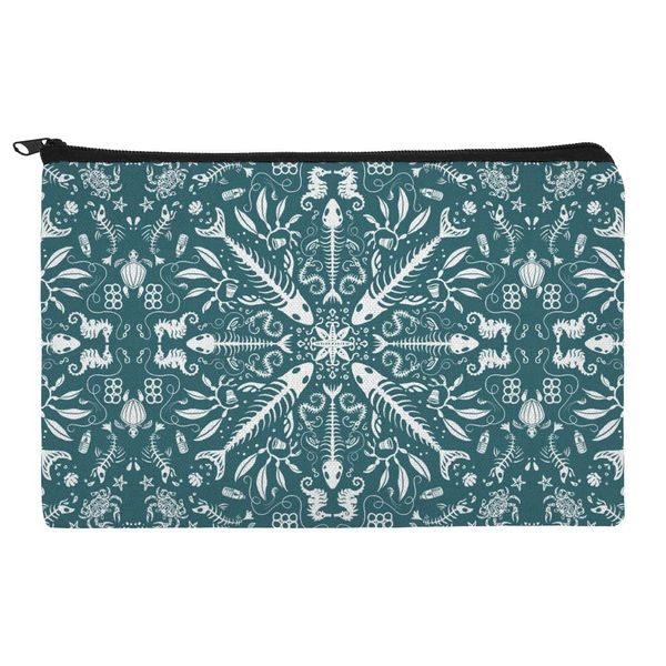 Fish Bones and Plastic Sea Ocean Pattern Makeup Cosmetic Bag Organizer Pouch
