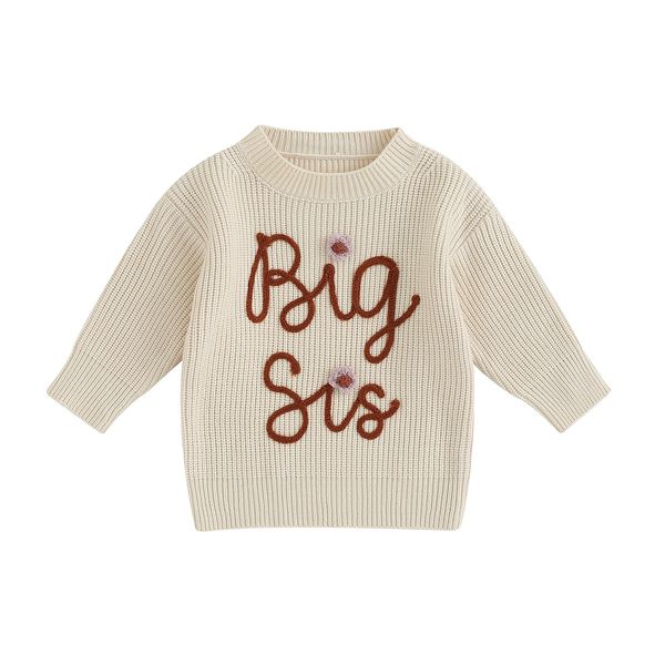 CREAIRY Big Sister Little Sister Matching Outfits Toddler Baby Girl Chunky Knit Sweater Warm Sweatshirt Knitted Fall Clothes (Big Sis-Beige, 2-3 Years)