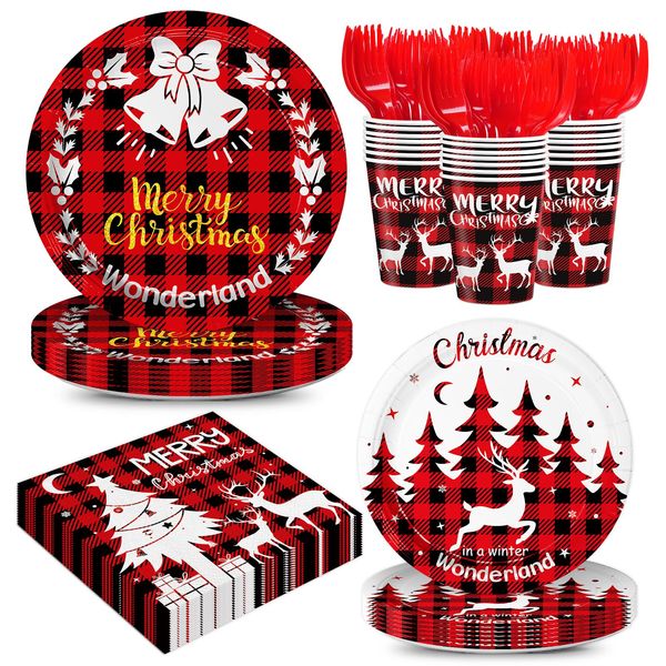 120pcs Christmas Plates and Napkins Merry Christmas Party Supplies Elk Red Black Buffalo Plaid Paper Cup Christmas Party Supplies for Xmas Party Serve 24 Guests