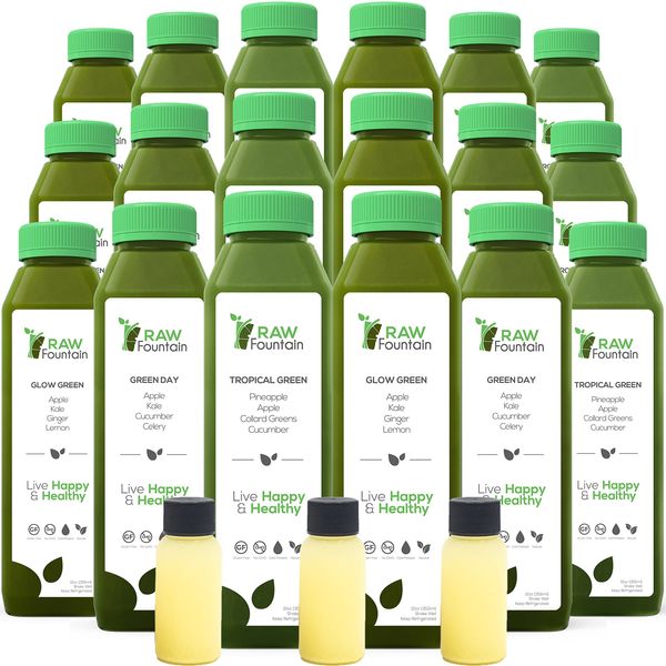 Raw Fountain 7 Day Green Juice Cleanse, All Natural Raw, Vegan Detox, Cold Pressed Juices, 42 Bottles 12oz, 7 Ginger Shots