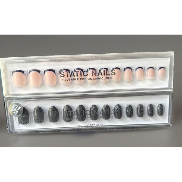 Static Nails 2 Sets Pop On Manicure MANHATTAN FRNCH Square & GUNMETAL EDIT Round