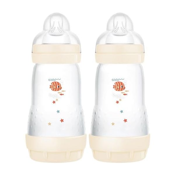 MAM Easy Start Self Sterilising Anti-Colic Baby Bottle Pack of 2 (2 x 260 ml), MAM Bottles with Medium Flow MAM Teats Size 2, Newborn Essentials, Shell (Designs May Vary)