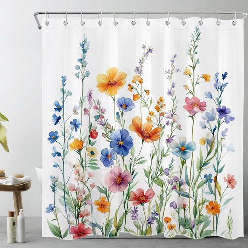 LB Spring Pink Floral Shower Curtain for Bathroom, Garden Nature Plant Blue and Yellow Wildflower Fabric Shower Curtain with Hooks,Green Leaf Botanical Bathroom Curtain Shower Set, 72" W x 72" L