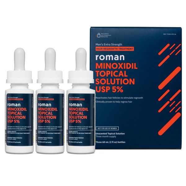 Roman Minoxidil Men's Hair Loss Treatment | 5% Topical Minoxidil Solution for Hair Loss and Thinning Hair | Unscented | 3-Month Supply