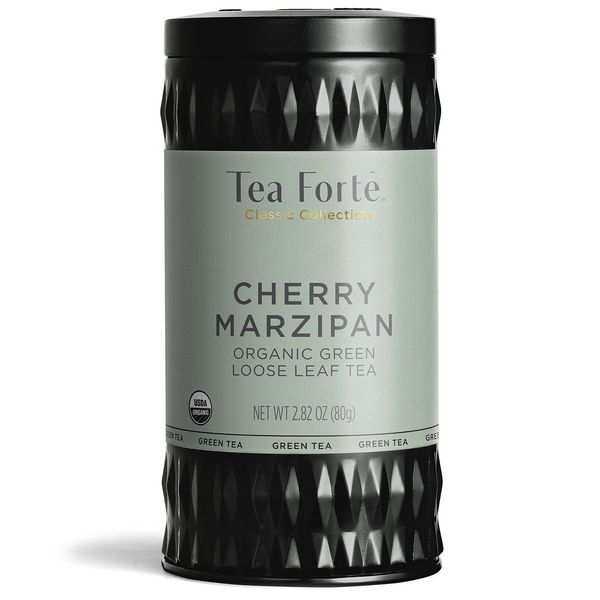 Tea Forte Organic Green Tea, Makes 35-50 Cups, 2.82 Ounce Loose Leaf Tea Canister, Cherry Marzipan