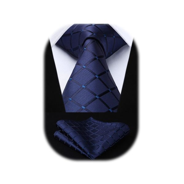 HISDERN Mens Ties Extra Long Navy Blue Tie for Men Pocket Square Set Silk Formal Plaid Checkered Neckties 63 inch XL Necktie Business Wedding