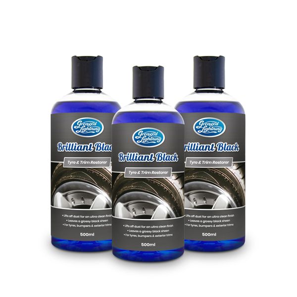 Greased Lightning Brilliant Black Tyre & Trim Restorer Triple Pack - Restores New Look Shine to Car Tyres and External Trims, Quick and Easy Application 3 x 500ml