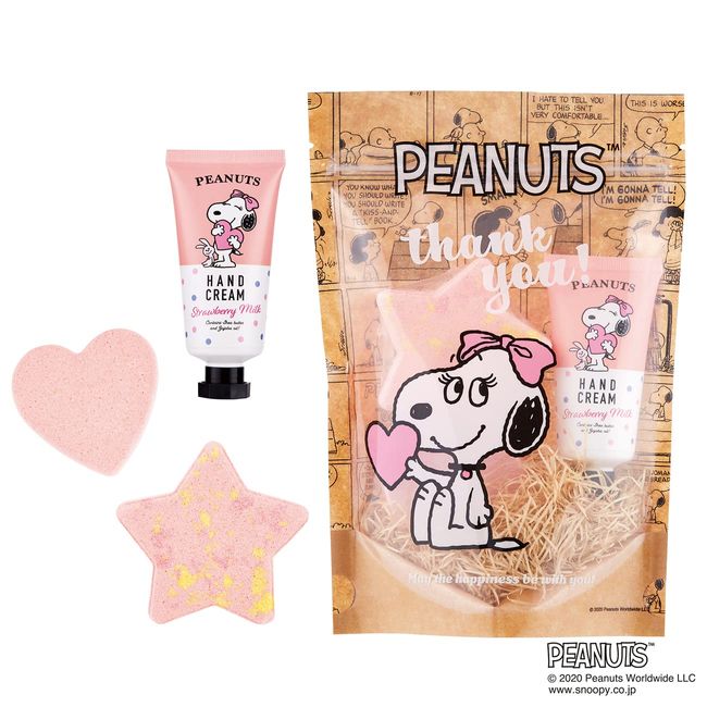 Peanuts Snoopy Happy Gift Strawberry Milk (Hand Cream 1.1 fl oz (30 ml) + Heart Bath Fizz 60g + Star Bath Fizz 60g (Sweet Melting Strawberry Milk Scent)