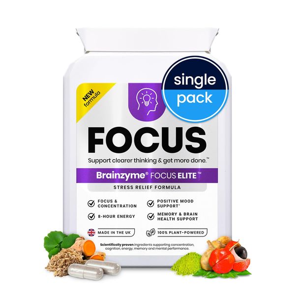 Brainzyme® Focus Elite [Single Pack] Focus Supplements. Stress-Free Focus, Energy, Positive Mood & Memory. Panax Ginseng, Ginkgo Biloba, Guarana, Theanine, Choline, Probiotic. 8-Hour Energy Boost.