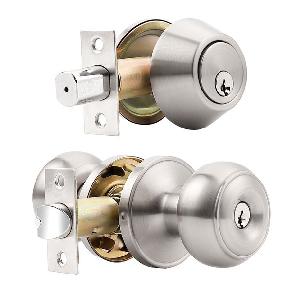 Exterior Front Entry Door Handle Lock Set Round Knob Keyed alike Single Deadbolt