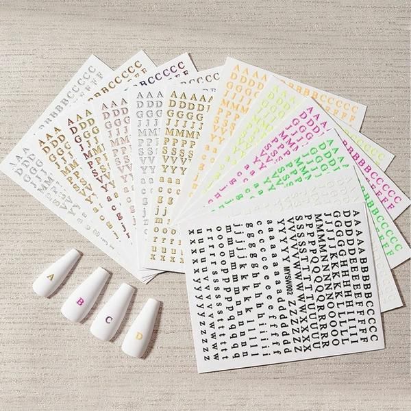 Nail Art Alphabet Lettering Metal Thick Nail Sticker 6 Types (WCA2EDF)