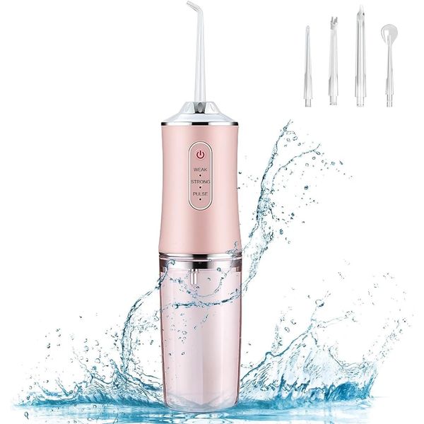 Demanca Jet Washer, Oral Washer, 3 Modes Adjustable, Water Floss, Waterproof, Interdental Cleaner, Oral Cleaner, Cleaning, Halitosis, Periodontal Pocket, Portable, Mouth Washer, 4 Nozzles (Pink)