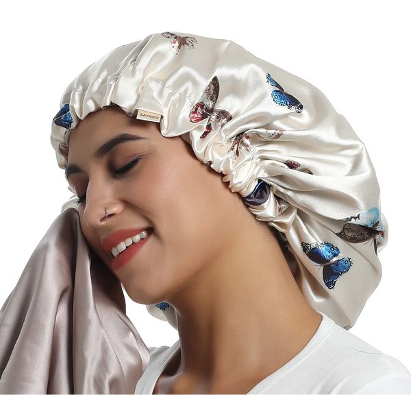 SAYMRE 100% Mulberry Silk Lined Bonnet Adjustable Satin Sleep Cap 19 Momme Silk Bonnet for Women Curly,Long Hair Care