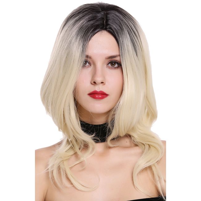 WIG ME UP - ZM-1733-613CR1B Lady Quality Wig Shoulder Length Short Wavy Middle Parting Ombre Black Platinum Blond