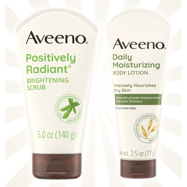 Aveeno Positively Radiant Skin Brightening Exfoliating Facial Scrub, Body Lotion