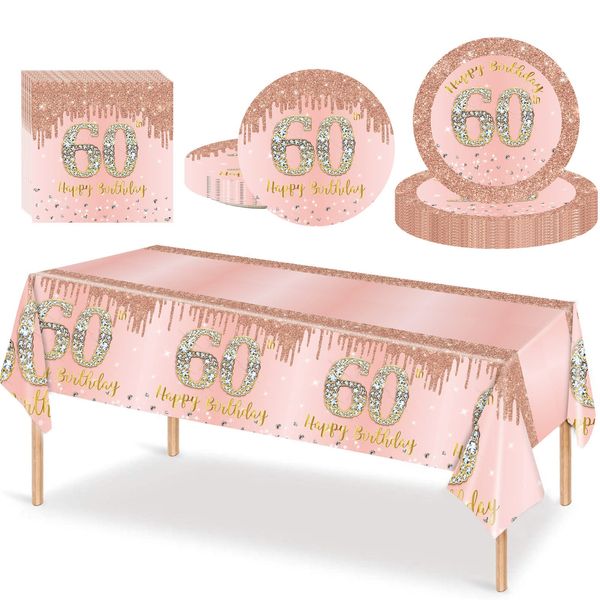 53Pcs Rose Gold Happy 60th Birthday Party Tableware Plastic Table Cloth,7,9inch Paper Plates,Napkins for Her Birthday Table Decorations Disposable Party Tableware Set for Women Adults Birthday Party