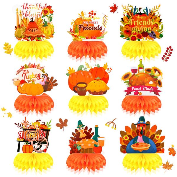 HOWAF 9pcs Friendsgiving Honeycomb Centerpieces, Happy Friendsgiving Table Decorations for Thanksgiving Party Decoration, Friends Giving Table Topper for Give Thanks Events Decoration Supplies