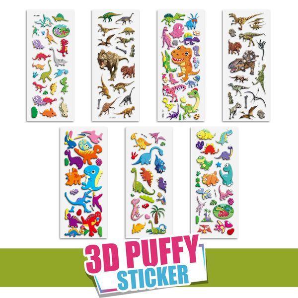 colortouch 3D Aufkleber für Kinder, Dinosaurier Set, 7 Blätter Verschiedene 3D Geschwollene Stickers, Kinderaufkleber für Lehrer, Jungen, Mädchen, Kleinkinder