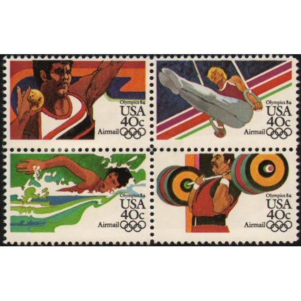 1984 SUMMER OLYMPICS '84 ~ LOS ANGELES ~ AIRMAIL ~ SWIMMING ~ WEIGHT LIFTING ~ SHOT PUT ~ GYMNASTICS #C108a Block of 4 x 40¢ US Postage Stamps