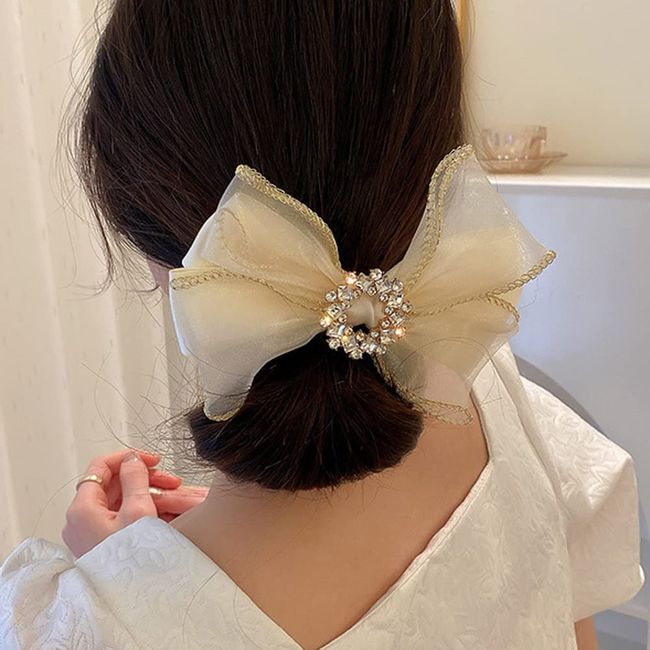 Jumwrit Large Bow Hair Clip Rhinestone Hair Barrette Strong Hold Bowknot Hair Clip Mesh Hair Bow Fashion Hair Accessories for Women Girls（Off White）