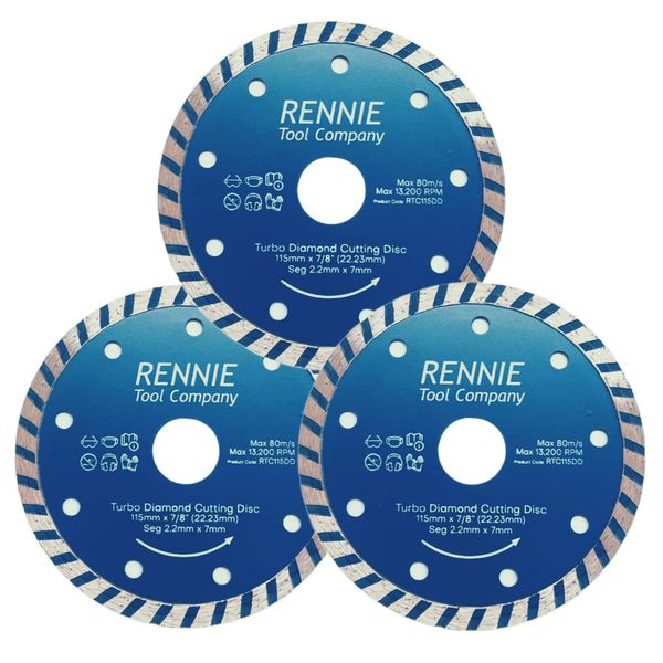 115mm Diamond Cutting Disc for Angle Grinder (PACK OF 3) - Turbo Saw Blade For Fast, Clean Cut on Concrete, Tiles, Stones, Marble and Ceramics