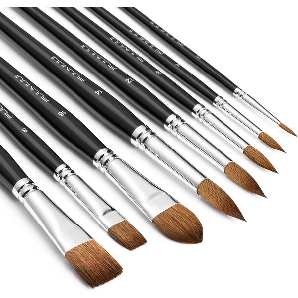 Aquarellpinsel set - 8er Professionell Rotmarder Pinselset für Wasserfarben,Aquarell,Acryl,Gouache | Künstlerpinsel, Filbert Pinsel, Rund Pinsel, Flach Pinsel | Echthaar Pinsel Set für Hohe Absorption