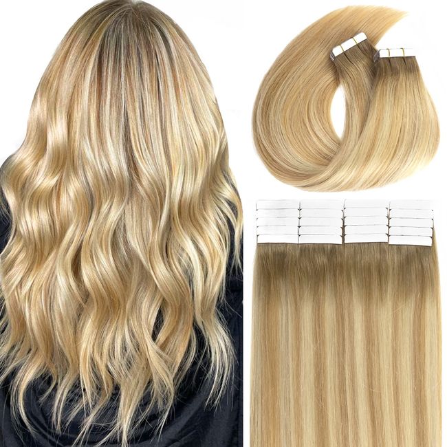 Caliee Tape in Human Hair Extensions Real Remy Hair Extension Tape ins, Rooted Light Brown to Light Golden Blonde Mixed with Light Platinum Blonde 18 Inch, Tape in Hair Extensions R#8-12/60A