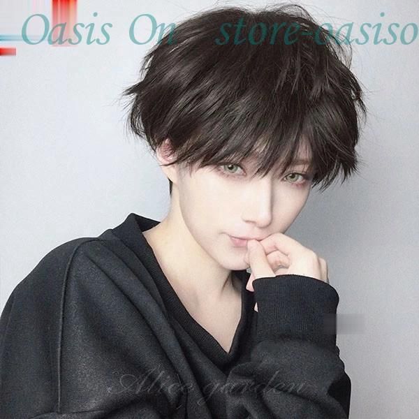 Wig for men, short hair, natural, full wig, stylish, cross-dressing, cute, short, heat-resistant wig, black, brown, brown hair, great for making your face look smaller, costume