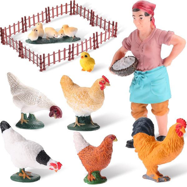 Zomiboo Farm Cute Animals Figurines Easter Toy Set 7 Pieces Simulated Chicken Figurines Realistic Plastic Farmer Feeder 10 Pieces Mini Fence Toys Figure Play Set for Collection Educational Props