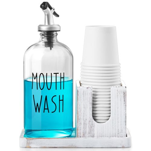 Mouthwash Dispenser for Bathroom, Rustic 16 OZ Glass Mouthwash Dispenser with Pour Spout and Wood Cup Holder and Tray, Mouth Wash Bottle Container, Farmhouse Kitchen Bathroom Decor and Accessories